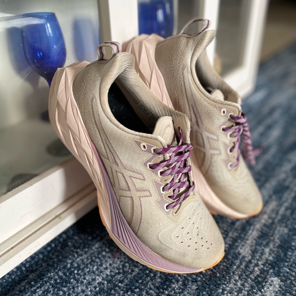 Women's asics Novablast 4 TR trail running shoes pink and tan